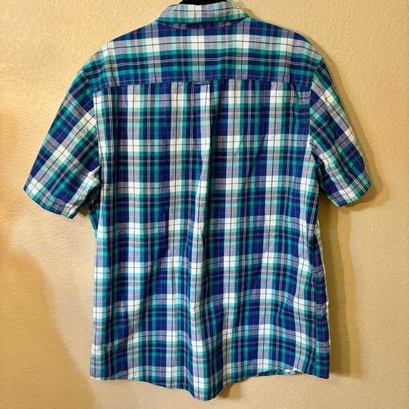 Chaps Button-Down Shirt Large Blue Teal Green White Plaid Easy Care Short Speve - Picture 2 of 9